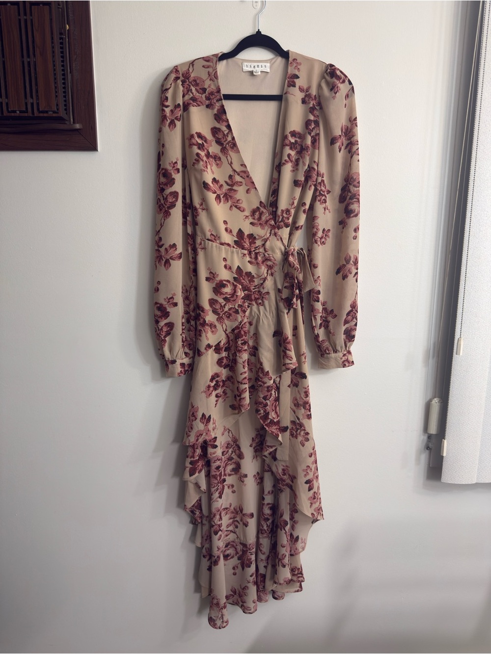 Taupe Floral Wrap High-Low Dress with Burgundy Print